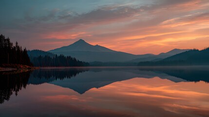 Obraz premium Mountain lake reflection at colorful sunset. Serene alpine lake with dramatic sunset sky