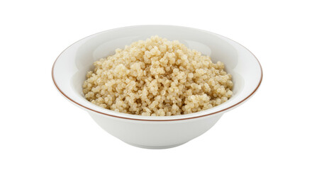 Cooked quinoa in a bowl isolated, healthy grain food for diet and nutrition on a clean background