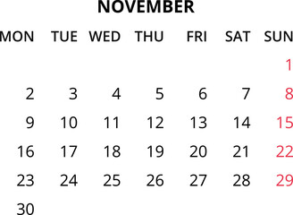 Monthly calendar January, February, March, April, May, June, July, August, September, October, November, December 2026 Vector illustration for print, web, mobile app on transparent background