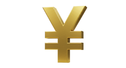 Golden yen symbol isolated PNG, currency sign for finance, investment, and international business on transparent background