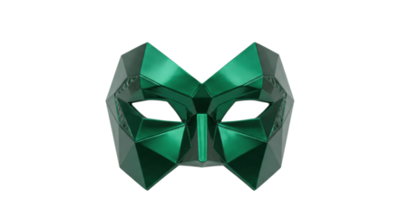 Emerald green geometric mask isolated on transparent background, masquerade party costume accessory for Halloween and carnival