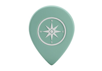 Mint green map pointer with compass rose isolated PNG, location pin for navigation and travel on transparent background