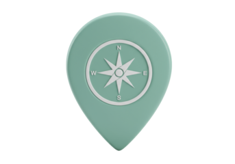 Mint green map pointer with compass rose isolated PNG, location pin for navigation and travel on transparent background