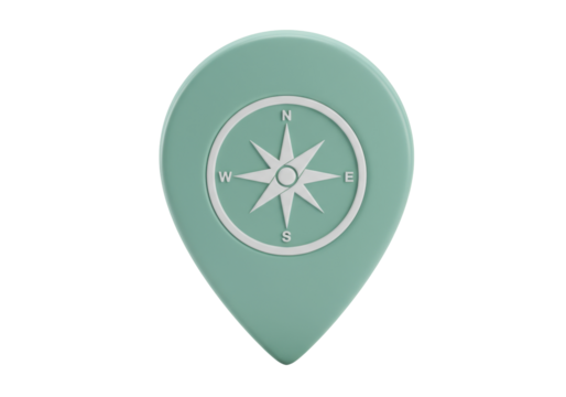 Mint green map pointer with compass rose isolated PNG, location pin for navigation and travel on transparent background