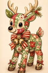 Cute Cartoon Reindeer with Floral Patterns and Bow, Perfect for Holiday Decorations and Cards