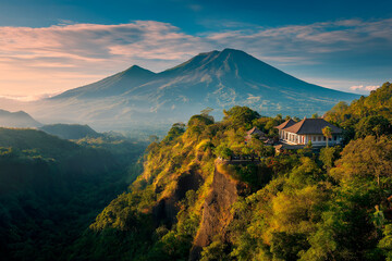 Indonesian Island with Volcano and Balinese Temple