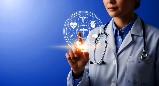Male doctor holding holographic futuristic medical interface, symbolizing digital healthcare innovation.