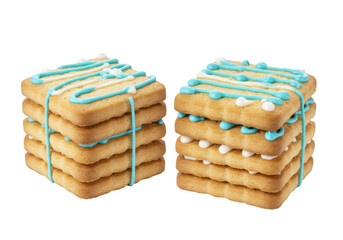 Stack of square cookies with blue and white icing isolated on transparent background, sweet dessert for holiday treat