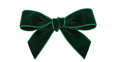 Elegant emerald green velvet bow isolated on transparent background, festive decoration for Christmas and holiday gift wrapping