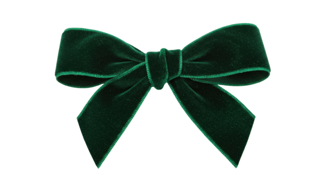 Elegant emerald green velvet bow isolated on transparent background, festive decoration for Christmas and holiday gift wrapping