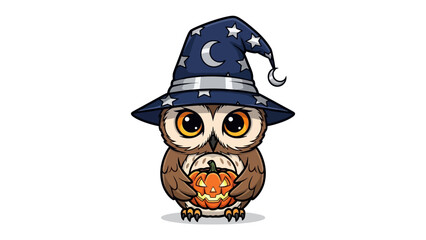 Enchanting Halloween Owl: A cute owl in a witch hat and holding a pumpkin, perfect for Halloween, capturing the magic of the season. 
