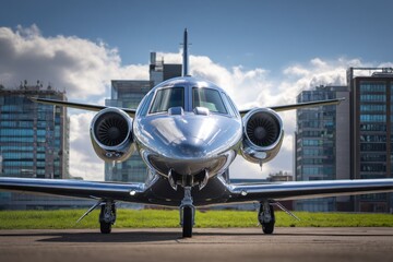 Front view of a sleek silver private jet parked on an airfield with modern buildings in the background.