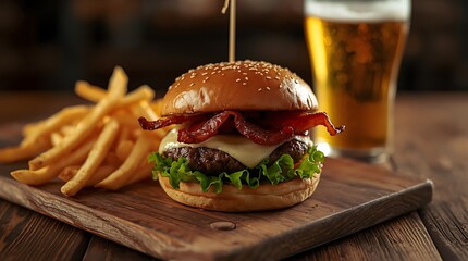 Gourmet bacon cheeseburger with crispy french fries and a glass of cold beer on a wooden board