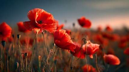 Obraz premium Summer poppy flower field in warm evening light