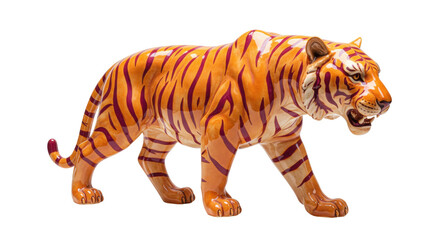 Ceramic tiger figurine isolated on transparent background, orange and purple striped animal statue for home decor and collectibles