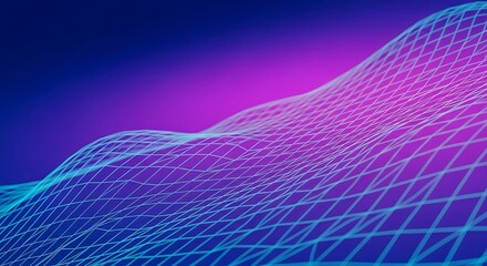 3d digital wireframe landscape with neon blue grid over a vibrant purple and blue gradient background