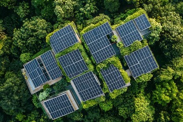 Sustainable corporate structure featuring solar energy installations and green roofs