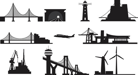 Infrastructure silhouette illustration, bridge design, tunnel entrance, lighthouse icon, dam structure, cityscape view, airplane graphic, crane image, wind turbine, engineering concept