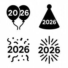 Set of festive 2026 icons including balloons, party hat, confetti, and fireworks. Minimal black outline vector design perfect for New Year posters, cards, banners, and party invitations.