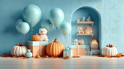 3D Cute Cartoon Autumn Scene: Light Gray Background, Blue Wall with Arched Opening, Orange Gift Boxes, Pumpkin & Turquoise Balloons (Fallen Leaves)