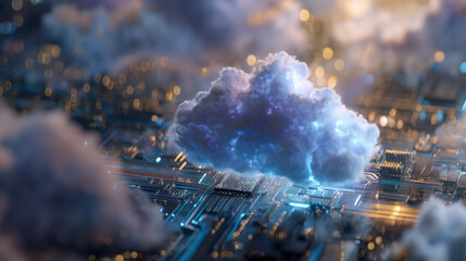 A blue cloud hovering over a detailed circuit board with blurred city lights behind it