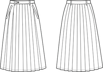 Pleated skirt fashion sketch, technical illustration, front and back view, garment design, sewing template, clothing construction
