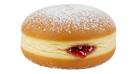 Powdered sugar jelly donut isolated on transparent background, sweet pastry with red jam filling for dessert and snack