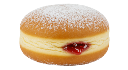 Powdered sugar jelly donut isolated on transparent background, sweet pastry with red jam filling for dessert and snack