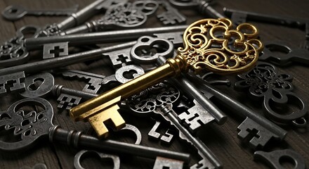 Fototapeta premium A collection of antique keys, with one ornate golden key prominently displayed on top, symbolizing secrets and access