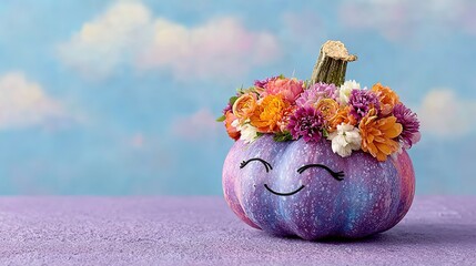 Minimalist-Style Floating Purple Pumpkin: With Face & Flower Crown Against Pastel Background - For Festive Decor/Poster/Ad Design Stock