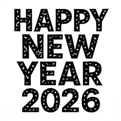Bold black 'HAPPY NEW YEAR 2026' text with star decorations. Minimal festive vector design perfect for holiday greeting cards, posters, party invitations, and New Year celebration banners.