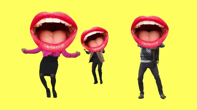 Creative video ad. Group of surreal dancing people with giant red mouths on blue and yellow background. Concept of communication, expression, humor, advertising and pop culture art.