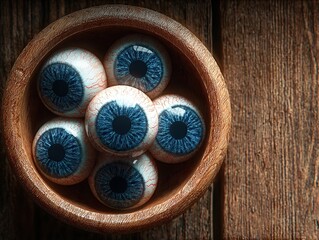 Halloween-Themed Top-View Eyeballs: Wooden Bowl on Table (Blue-White Color Scheme) – Natural Light, Close-Up, Hyper-Realistic High-Res Product Stock