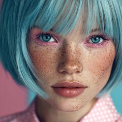 Woman with blue hair and freckles using creative makeup