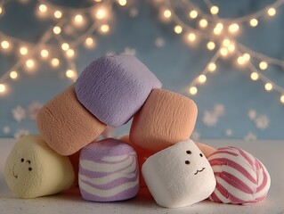 Colorful Marshmallows: Assorted Shapes & Sizes with Soft Lighting (Whimsical Atmosphere, Vibrant Swirls, Plush Texture)