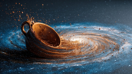 A tilted coffee cup spills its contents into a swirling galaxy of cosmic proportions