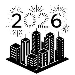 City skyline with bold 2026 text and festive fireworks above. Minimal black outline New Year celebration vector design ideal for holiday posters, party invitations, and greeting cards.