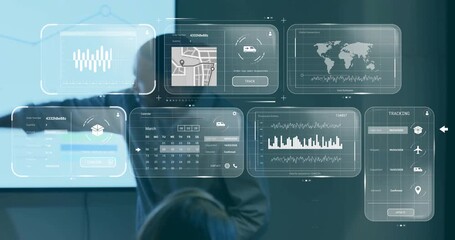Presenter tapping panel in meeting room, tracing rising trendline emphasizing business data metrics - Powered by Adobe