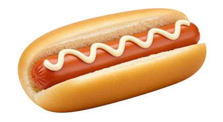 Classic hot dog with mayonnaise isolated on transparent background, delicious American fast food in a bun for summer picnic