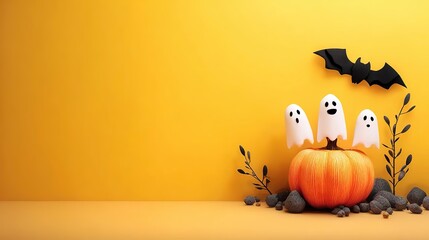 Minimalist Halloween Photo: Three Cute White Paper Ghosts on Orange Pumpkin (Yellow Solid Backdrop, Branch, Black Bat, Right-Side Copy Space)