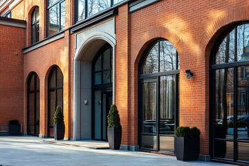 Stylish corporate building featuring brick facade and expansive arched windows