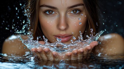 Obraz premium Beautiful young woman with liquid drop crown formation water splash between cupped hands mesmerizing eye contact professional portrait photography