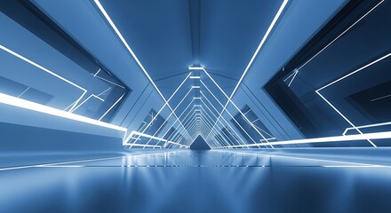 Obraz premium A futuristic blue corridor with illuminated geometric lines, creating a sense of endless depth and modern architectural design