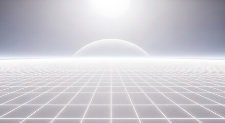 A futuristic digital landscape with a glowing grid pattern stretching to the horizon under a bright, ethereal light