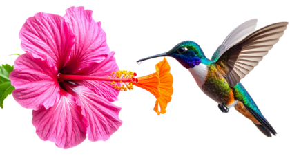 Vibrant Colored Hummingbirds Flying Toward Flowers isolated on transparent background