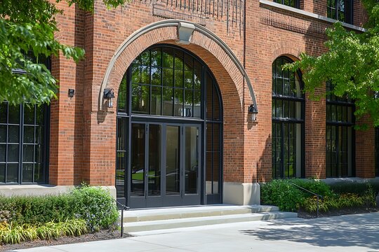 Stylish corporate building featuring brick facade and expansive arched windows