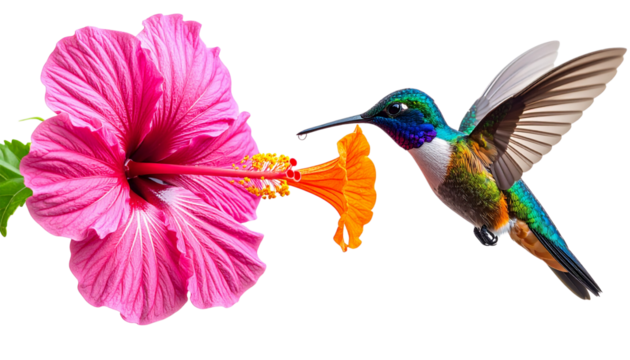 Vibrant Colored Hummingbirds Flying Toward Flowers isolated on transparent background