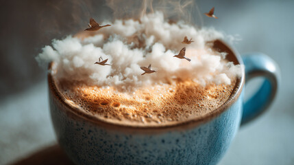 A cup of coffee with clouds and birds flying above it creating a surreal atmosphere