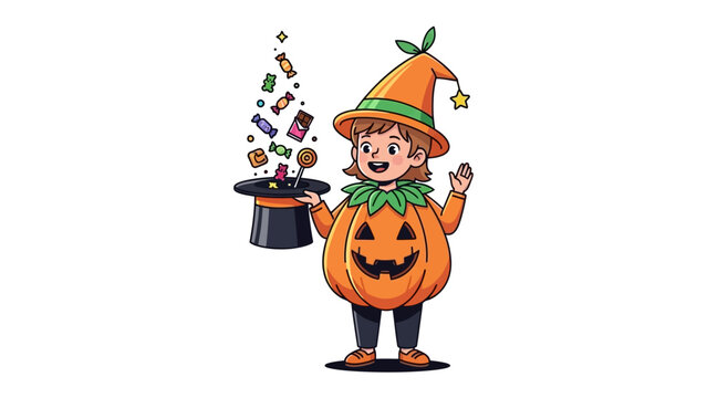 Spooky Magic Trick: A person dressed in a pumpkin costume performs a magic trick, as candies mysteriously float out of a hat, adding a playful essence to the Halloween atmosphere.