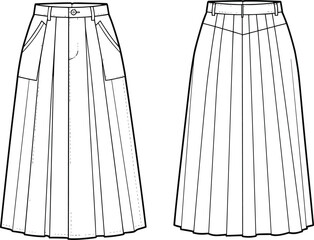 Pleated skirt sketch, fashion illustration, technical drawing, front back view, garment template, vector design, apparel concept